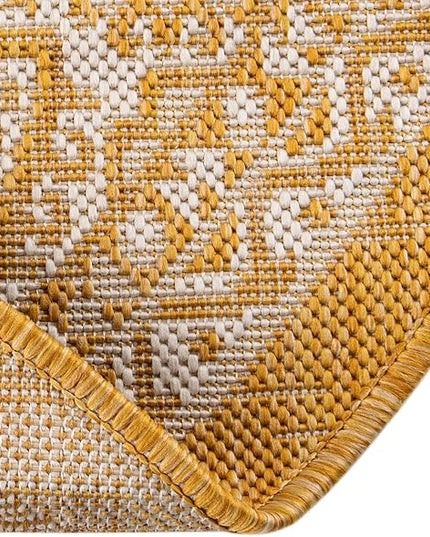 Rugs.com Outdoor Aztec Collection Rug – 8 Ft Round Yellow Flatweave Rug Perfect for Kitchens, Dining Rooms