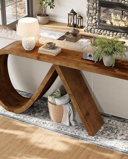 Solid Wood Console Table, 57" Curved Entryway Table, Narrpw Long Sofa Table Behind Couch, Farmhouse Accent Tables for Hallway, Entrance, Foyer, Living Room, Walnut Brown