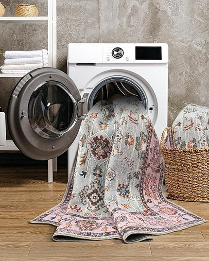 GLN Rugs Traditional Collection - Machine Washable Area Rug, Traditional Washable, Non Slip, Low Pile Chenille Rug, Living Room, Bedroom, Kitchen Rug (6'6"x9'6" Pink and Gray)