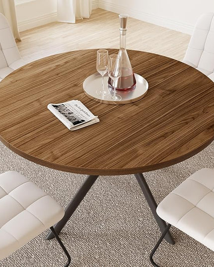 45.3 Inch Round Dining Table Set for 4, Mid Century Modern Small Coffee Set for Dining Room Kitchen Apartment (Light Walnut + 4 U-Shaped White Chairs)