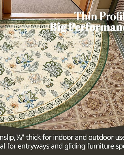 jinchan Elora Floral Corner Rug for Entryway Washable Rug Vintage Romance Christmas Design Non Slip Quarter Circle Lightweight Low-Pile Throw Carpet for Playroom Nook Nursery 4ft Radius, Green/Beige