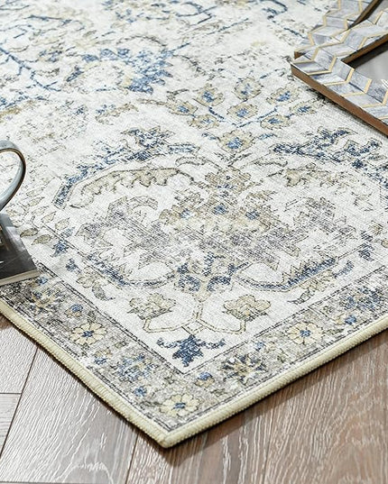 jinchan Kalen Area Rug 9x12 Washable Living Room Rug Vintage Indoor Large Floor Cover Retro Accent Mat Distressed Floral Country Boho Non Slip Thin Carpet for Bedroom Dining Room Office Blue Multi