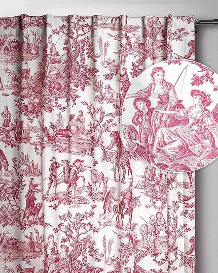 Maison d' Hermine Curtains for living room 100% Cotton 124 inch length One Panel Light Filtering Toile Curtains for Bedroom with rod and loop Pockets (The Miller Red (White Background), 50"W x 124"L)