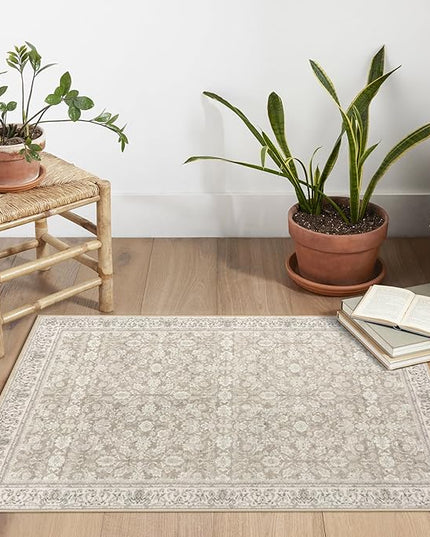 2x3 Washable Rug Soft Area Rug for Entryway, Cream Beige White Grey Non-Slip Indoor Door Mat Distressed Floral Low-Pile Kitchen Rugs, Neutral Vintage Carpet for Entrance Kitchen Farmhouse