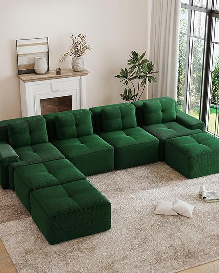Hommoo Oversized Modular Sectional Sofa, 7 Seat Sleeper Sofa Bed, Comfy Corduroy Couch with Deep Seat, 153”Convertible Boneless Couch with Ottoman for Living Room No Assembly Required Green