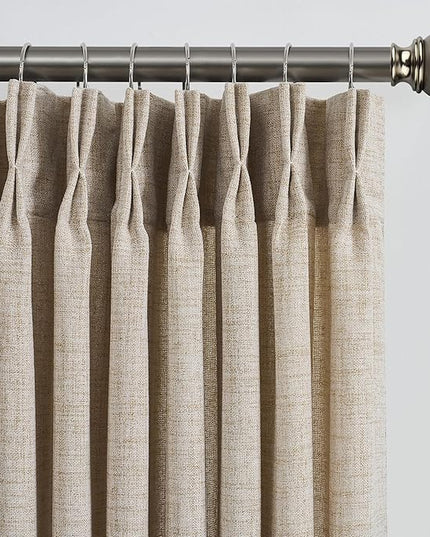 Beige Sheer Pinch Pleated Curtains 100 Inches Long 2 Panels,Back Tab Pleated Drapes Hooks Thick Linen Textured Boho Farmhouse Curtain for Dining Bedroom 70 Inch Wide Each Panel