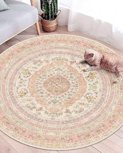 Round Area Rugs 4ft Washable,Pink Rug for Living Room Bedroom Dining Room,Circle Boho Vintage Bohemian Distressed Farmhouse Carpet Non Slip,Blush Floral