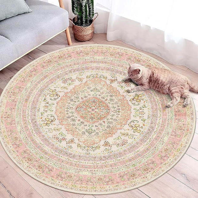 Round Area Rugs 4ft Washable,Pink Rug for Living Room Bedroom Dining Room,Circle Boho Vintage Bohemian Distressed Farmhouse Carpet Non Slip,Blush Floral