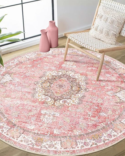 Pink Round Rug 4ft, Circle Washable Area Rugs for Bedroom Bathroom Entryway Kitchen, Small Boho Vintage Bohemian Distressed Oriental Floral Carpet Non Slip,Blush Floral Flowers