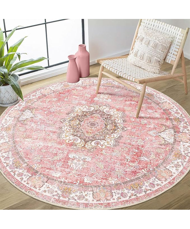 Pink Round Rug 4ft, Circle Washable Area Rugs for Bedroom Bathroom Entryway Kitchen, Small Boho Vintage Bohemian Distressed Oriental Floral Carpet Non Slip,Blush Floral Flowers