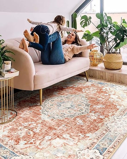 MUJOO Boho Rug 4'x6.5' Area Rugs for Bedroom Living Room Dining Room Small Rugs Machine Washable Carpet for Office Dorm Bedside Kitchen Laundry Room Accent Soft Low-Pile Floral Orange