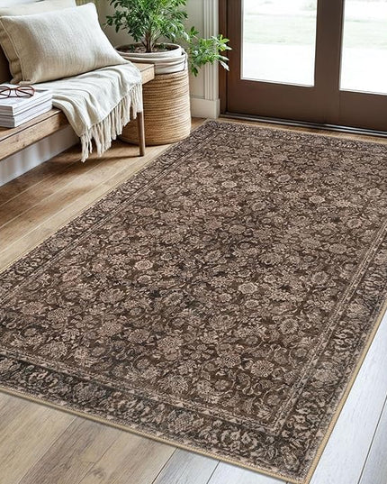 3x5 Washable Area Rug for Entryway, Rust Reddish Brown Soft Floral Rug with Non-Slip, Low-Pile Vintage Neutral Area Rugs for Entryway Nursery Bedroom Dining, Dorm Carpet with Non-Shedding