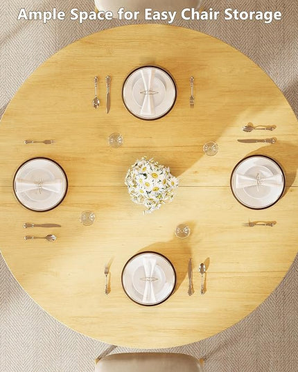 Round Dining Table for 4-6, Kitchen Table with Sturdy Double Arc & Rounded Base & Backboard Clasp Desktop, Mid-Century Modern Circle Dinner Table for Dining Living Room, Space Saving, Natrual