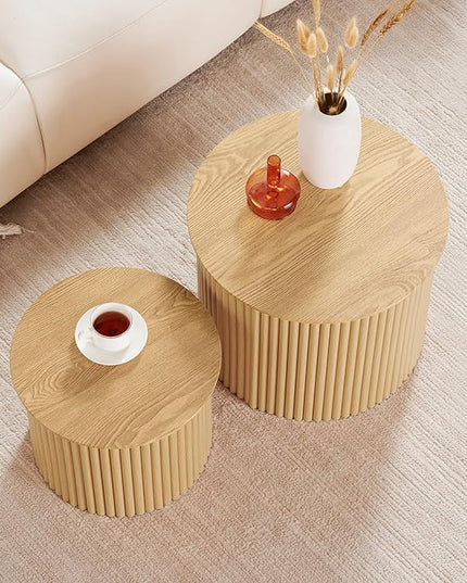 Fluted Round Nesting Coffee Table Set of 2, Small Coffee Table Circle Side Table, Boho Modern Wood Nesting Table Farmhouse End Tables Set for Living Room, Bedroom, Small Spaces(Natural)