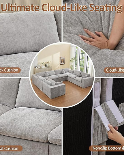 155''Cloud Boneless Sectional Couch, Modular Sectional Sofa Deep Seat, Oversized Upholstered Convertible Comfy 8 Seater Chenille Memory Foam Sofa U Shape Couches for Living Room, Light Grey