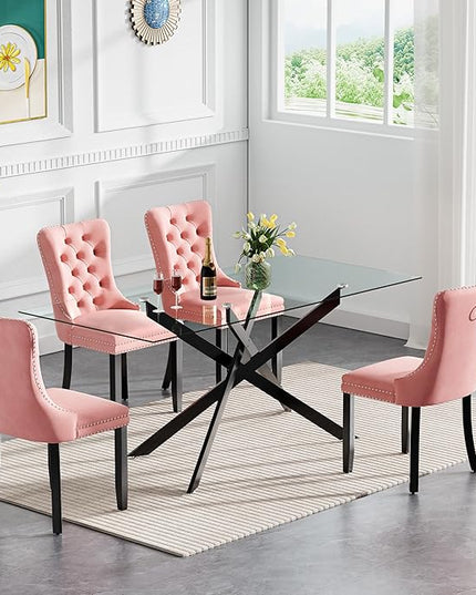 Modern 5-Piece Glass Dining Table Set for 4, Modern 60" Rectangle Black Glass Dining Room Table Set with Pink Velvet Tufted Chairs Wood Legs for Kitchen Dining Room