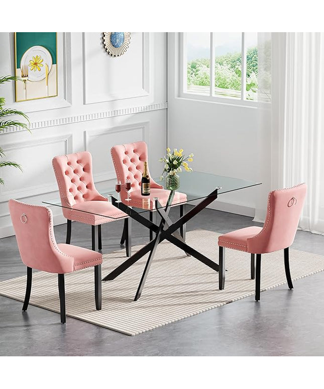 Modern 5-Piece Glass Dining Table Set for 4, Modern 60" Rectangle Black Glass Dining Room Table Set with Pink Velvet Tufted Chairs Wood Legs for Kitchen Dining Room