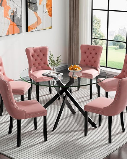 HomVent 7 Piece Round Glass Dining Table Set, Tempered Glass Dinner Table Set for 6 Kitchen Table Set with 6 Velvet Upholstered Chairs for Kitchen Dining Room
