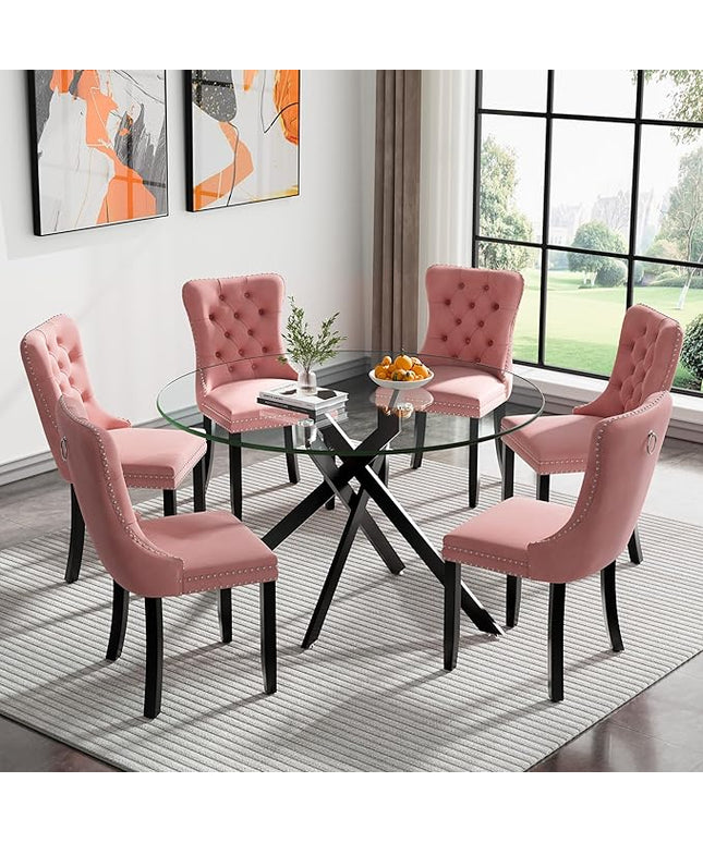 HomVent 7 Piece Round Glass Dining Table Set, Tempered Glass Dinner Table Set for 6 Kitchen Table Set with 6 Velvet Upholstered Chairs for Kitchen Dining Room
