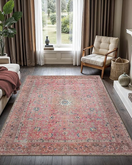 GLN Rugs Traditional Collection - Machine Washable Area Rug, Traditional Washable, Non Slip, Low Pile Chenille Rug, Living Room, Bedroom, Kitchen Rug (9'x12' Pink Vintage)