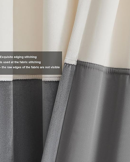 BULBUL Color Block Window Curtains Panels 84 inches Long Cream Ivory Grey Polyester Velvet Farmhouse Drapes for Bedroom Living Room Darkening Treatment with Grommet Set of 2