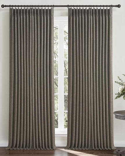 Pinch Pleated Extra Long 102 Inches Curtains for Dining Room 2 Panels Set, Full Blackout Memory Trained Double Layer Linen Chocolate Tart Thermal Noise Reducing Farmhouse Drapes for Large Windows