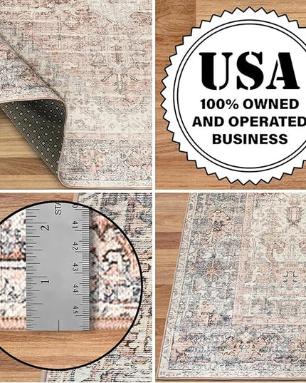 ReaLife Rugs Machine Washable Area Rug - Living Room Bedroom Bathroom Kitchen Entryway Office - Padded Low Pile Stain Resistant Premium - Boho Farmhouse Vintage - Lyle - Gray Ivory Blush 5' x 7'