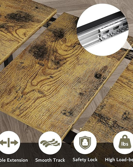 iPormis 5-Piece Dining Table Set for 4-8 People, Extendable Kitchen Table Set with 2 Benches and 2 Square Stools, Mid-Century Dining Room Table with Metal Frame & MDF Board, Saving Space, Rustic Brown