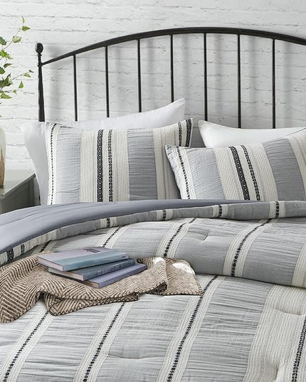 Hyde Lane Modern Farmhouse Comforter Set – King Size, 3-Piece Indigo Blue Striped Cotton Comforter with Matching Pillow Shams, Luxuriously Soft All-Season Bedding