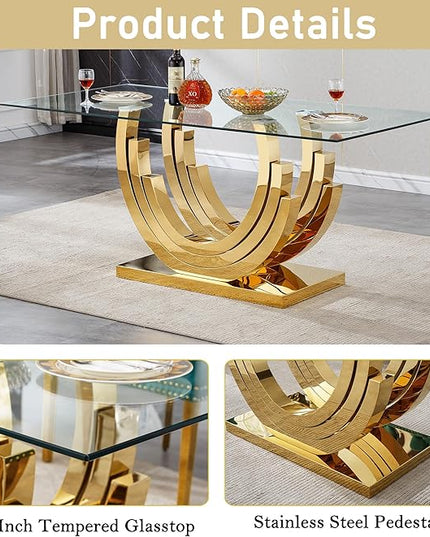 70" Large Glass Dining Table,Modern Rectangular Dining Room Table with 0.39" Tempered Glass Top & Gold Finish Stainless Steel Legs, Modern Clear Kitchen Table for Home Office