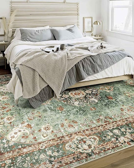 6x9 Area Rugs Washable,Green Rug for Living Room Bedroom Kitchen,Large Boho Vintage Bohemian Distressed Oriental Carpet Non Slip