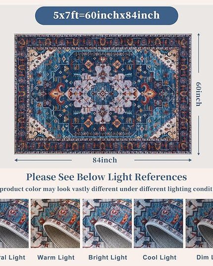 Ciicool Area Rug 5x7ft Washable Rugs for Living Room Non-Slip Indoor Rugs Large Low-Pile Mat Floor Carpet Vintage Rug for Bedroom Dinning Foyer Decor