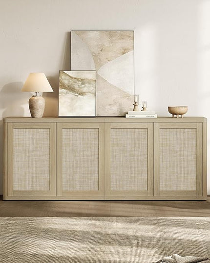 SICOTAS Rattan TV Stand for 65 70 inch TV - Large Entertainment Center TV Consoles for Living Room Bedroom, Farmhouse Television Stands with Storage Cabinet Boho Modular Media Console, Sand Oak