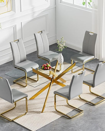 HomVent 7 Piece Rectangular Glass Dining Table Set, Rectangular Glass Kitchen Table Set for 6 with 6 PU Upholstered Dining Chairs for Kitchen Dining Room