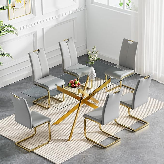 HomVent 7 Piece Rectangular Glass Dining Table Set, Rectangular Glass Kitchen Table Set for 6 with 6 PU Upholstered Dining Chairs for Kitchen Dining Room