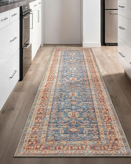 GLN Rugs Traditional Collection - Machine Washable Area Rug, Traditional Washable, Non Slip, Low Pile Chenille Rug, Living Room, Bedroom, Kitchen Rug (2'6"x10' Terra and Blue)
