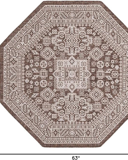 Rugs.com Outdoor Aztec Collection Rug – 5 Ft Octagon Brown Flatweave Rug Perfect for Living Rooms, Kitchens, Entryways