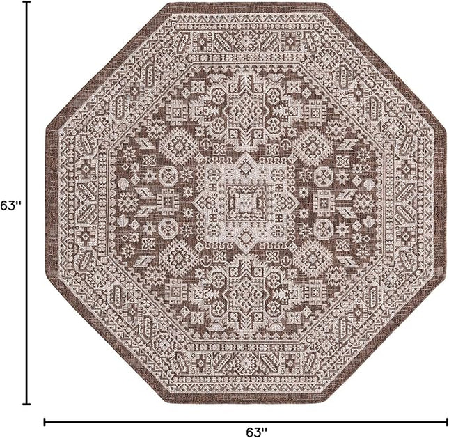 Rugs.com Outdoor Aztec Collection Rug – 5 Ft Octagon Brown Flatweave Rug Perfect for Living Rooms, Kitchens, Entryways