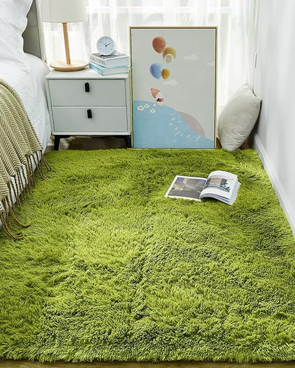 Ophanie Green Grass Area Rugs for Bedroom, 3x5 Shag Fluffy Carpet, Fuzzy Furry Plush Soft Cute Kids Baby Girls Shaggy Bedside Floor Rug for Teen Dorm Nursery Home Decor Aesthetic