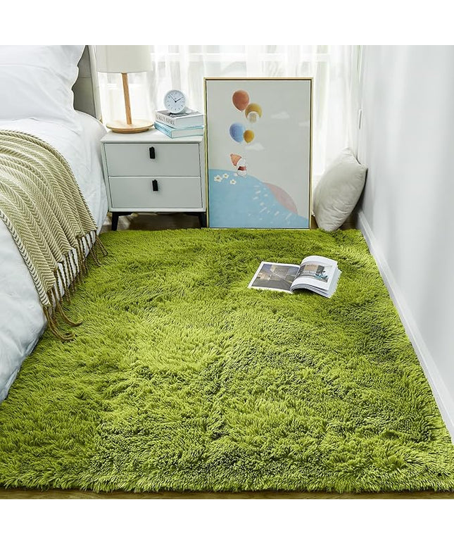 Ophanie Green Grass Area Rugs for Bedroom, 3x5 Shag Fluffy Carpet, Fuzzy Furry Plush Soft Cute Kids Baby Girls Shaggy Bedside Floor Rug for Teen Dorm Nursery Home Decor Aesthetic