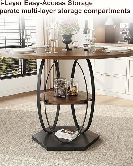 Round Dining Table for 4, 3-Tier Dinner Room Tables with Storage Shelf, Space Saving Small Kitchen Table, Farmhouse Dinner Table with Wooden Tabletop and Hexagonal Base (Walnut, 42inch)