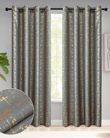 Taisier Home Gold Foil Print Linen Textured Curtains - Geometric Dots Pattern Design for Bedroom & Living Room - Thermal Insulated Window Treatment, 2 Panels, 84" L, Dark Grey & Gold