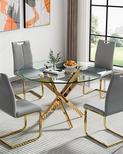 5 Piece Round Dining Table Set for 4, Modern Glass Kitchen Dining Room Table Set for 4, 47" Circle Gold Glass Metal Dining Table with 4 Grey PU Leather Dining Chairs for Kitchen Dining Room