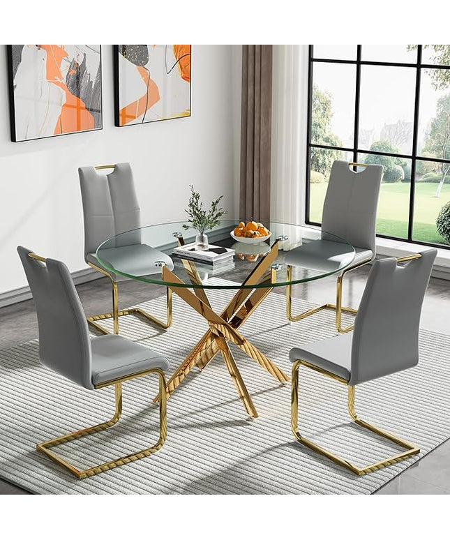 HomVent Round Glass Dining Table Set for 4, 5-Piece Modern Kitchen Table Set with 4 PU Upholstered Chair for Kitchen Dining Room, Glass Dining Room Table Set