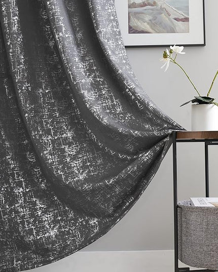 Taisier Home Silver Foil Print Linen Textured Curtains Geometric Dots Pattern Design Curtains for Nursery Toy Room Thermal Insulated Window Treatment 2 Panels 72" L,Dark Grey and Silver Curtain Print