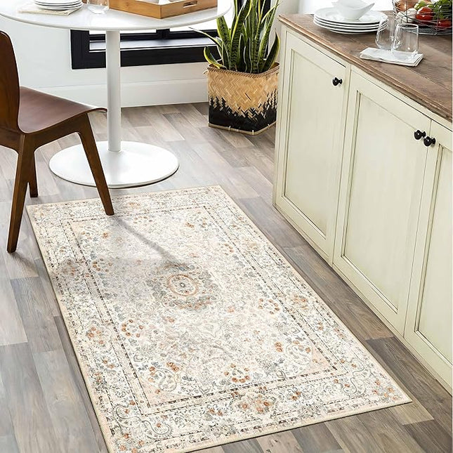 Small Rugs 2x3,Boho Rug for Entryway Bathroom Bedroom Kitchen Entrance Doormat,Vintage Bohemian Distressed Washable Accent Floor Throw Carpet Non Slip,Beige