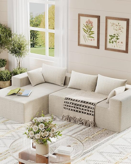 ALISH 111 Inch L-Shaped Cloud Sectional Sofa Couch, Compression Couch with Chaise, Modular Deep Seat Boneless Design for Easy Setup, Plush Upholstered Living Room Bedroom Apartment Furniture, Beige