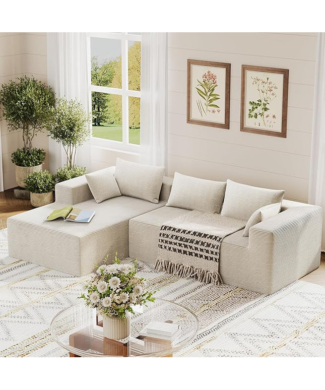 ALISH 111 Inch L-Shaped Cloud Sectional Sofa Couch, Compression Couch with Chaise, Modular Deep Seat Boneless Design for Easy Setup, Plush Upholstered Living Room Bedroom Apartment Furniture, Beige
