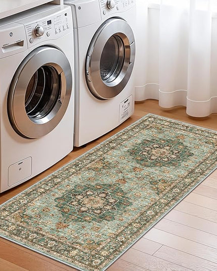 Green Oriental Entry Rug - 2x4 Washable Area Rugs for Kitchen Bathroom Non-Slip Ultra-Thin Indoor Door Mat Indoor Entrance - Stain Resistant Small Throw Carpet (Green, 2X4)