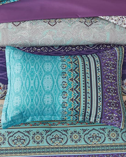 Cottolester Boho Comforter Set King Size 8 Piece Bed in a Bag Bohemian Striped Bedding Quilt Set Aqua Paisley Floral Comforter and Sheet Set,Soft Microfiber Complete Bedding Sets for All Season